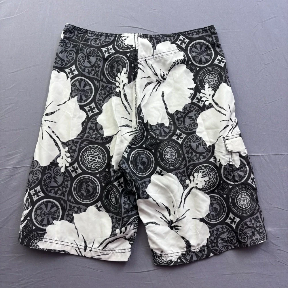 Billabong Mens Board Shorts Size 32 Black White Hibiscus Floral Tribal Y2K Vtg
